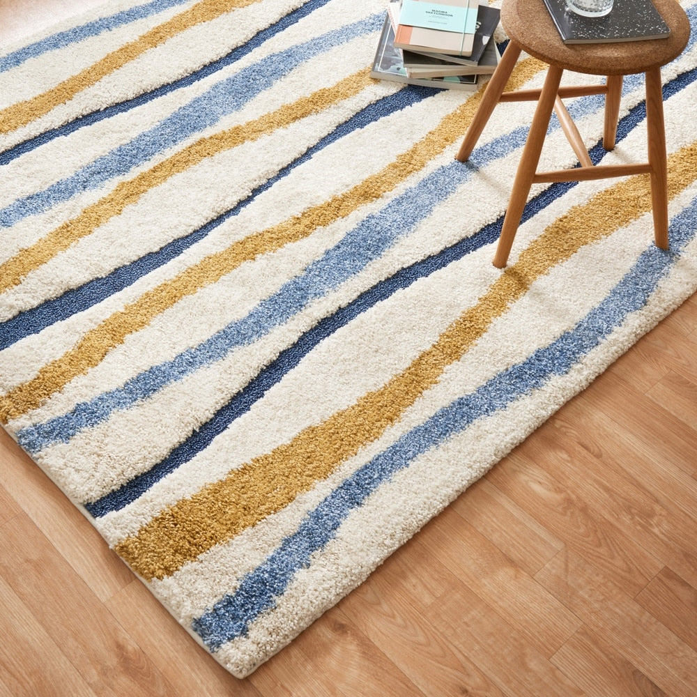 Carson Carrington Holstebro Blue/Gold Wavy Stripe Shag Area Rug