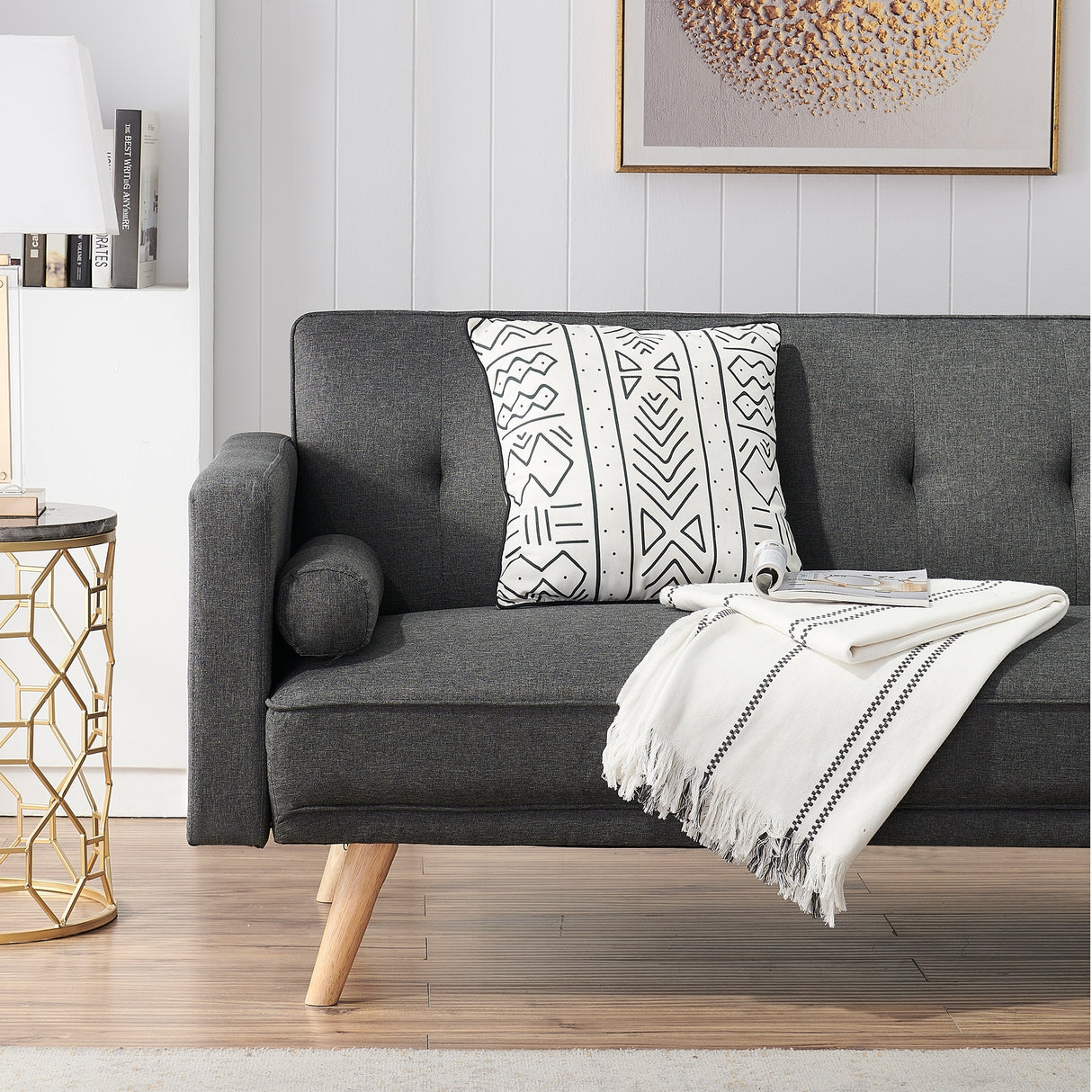 Retro Double Corner Folding Sofa Bed Two Throw Pillows