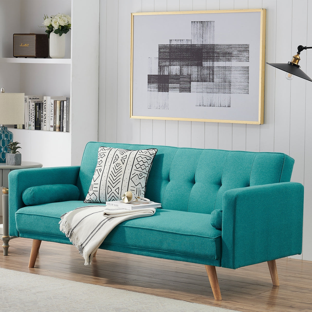 Retro Double Corner Folding Sofa Bed Two Throw Pillows
