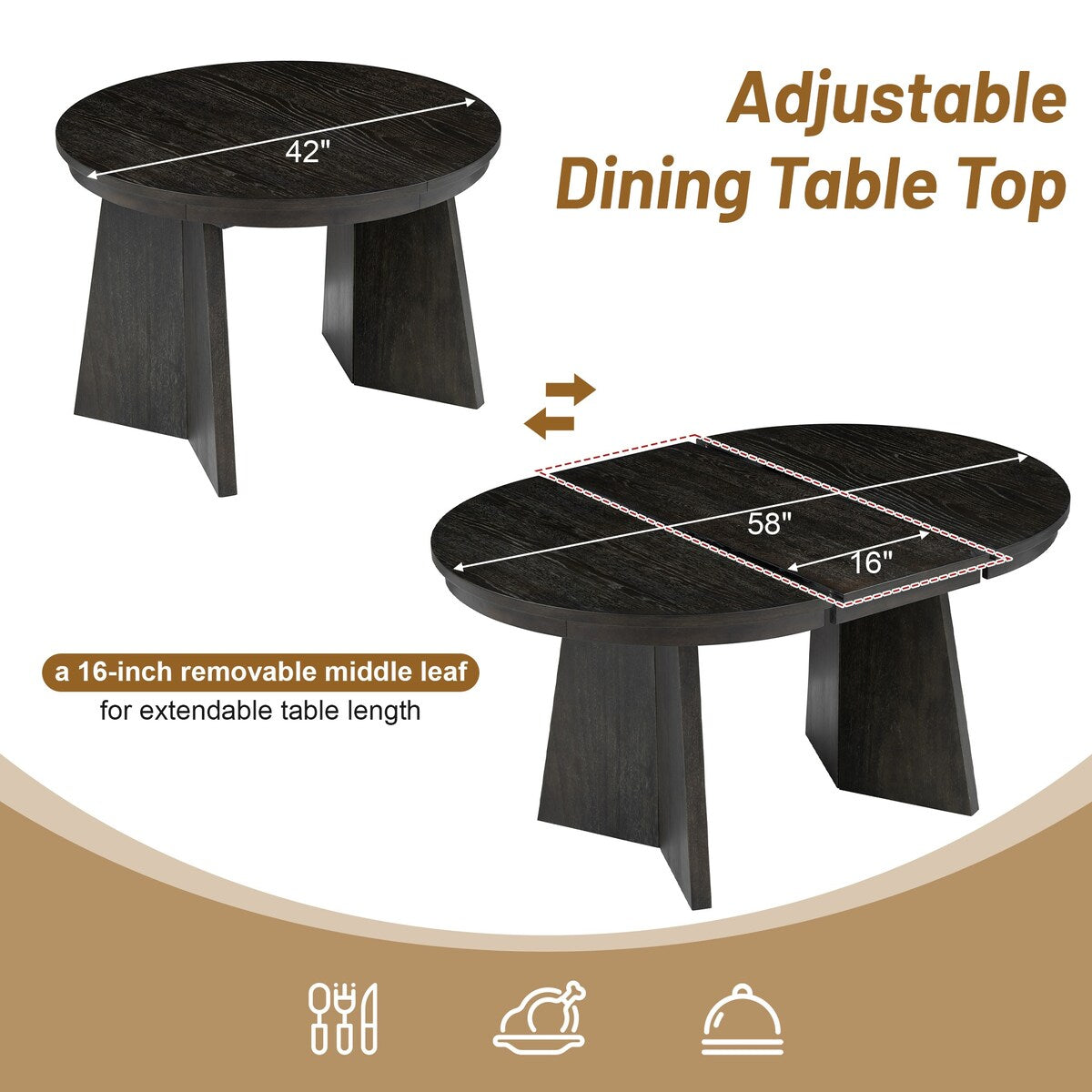 Retro Extendable Dining Table with a 16-inch Middle Leaf for Dining Room and Kitchen