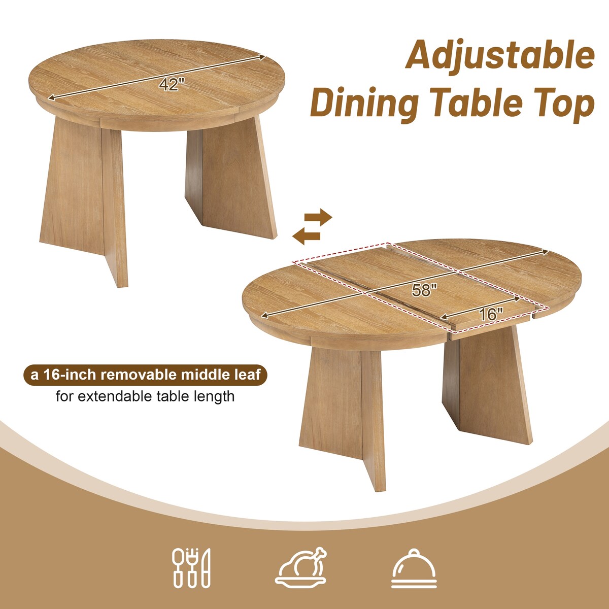 Retro Extendable Dining Table with a 16-inch Middle Leaf for Dining Room and Kitchen