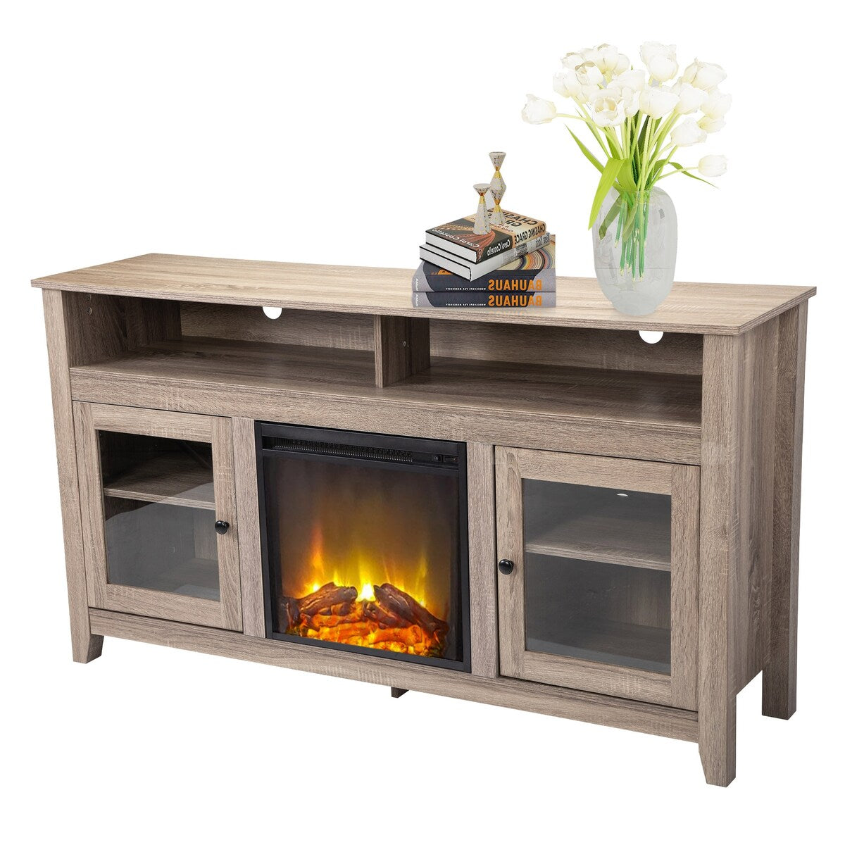 Retro Glass Door Fireplace TV cabinet - wood grain