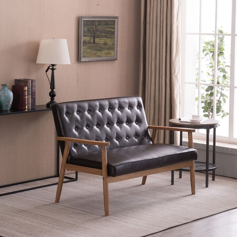 Retro Lounge Chair Solid Wood Frame Loveseat for Living Room