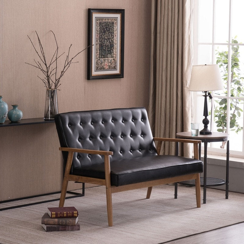 Retro Lounge Chair Solid Wood Frame Loveseat for Living Room