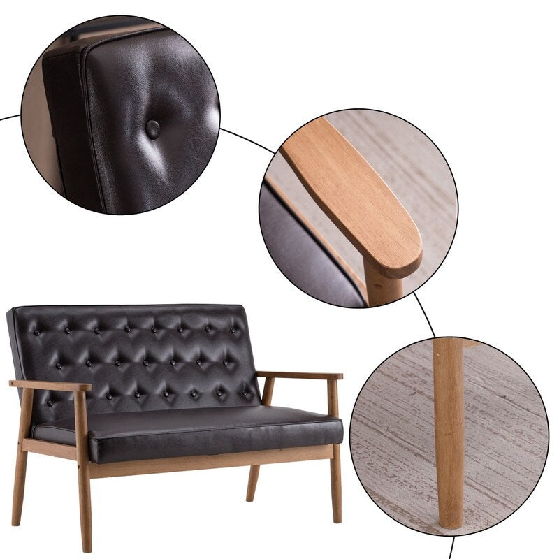 Retro Lounge Chair Solid Wood Frame Loveseat for Living Room