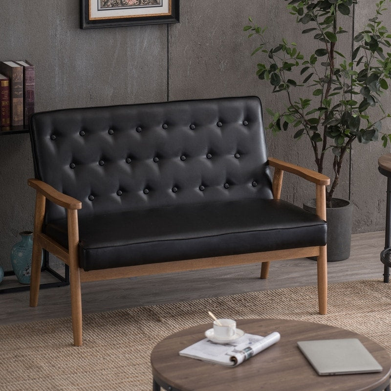 Retro Lounge Chair Solid Wood Frame Loveseat for Living Room