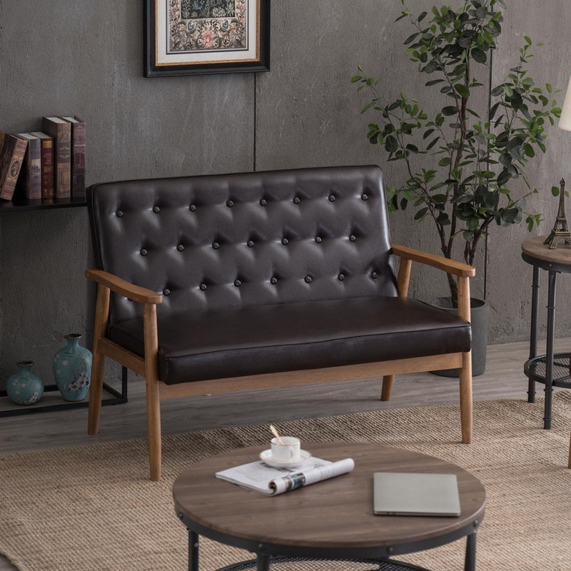 Retro Lounge Chair Solid Wood Frame Loveseat for Living Room