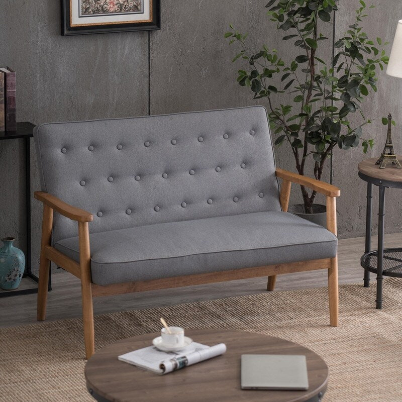 Retro Lounge Chair Solid Wood Frame Loveseat for Living Room