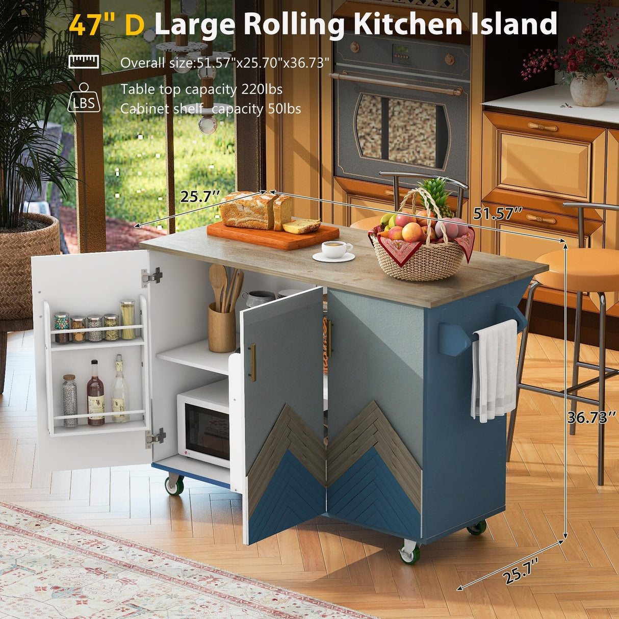 Retro Mountain Wood Kitchen Island with Drop Leaf