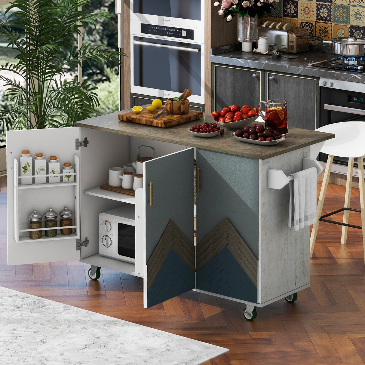 Retro Mountain Wood Kitchen Island with Drop Leaf