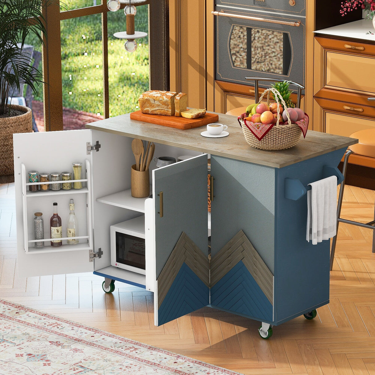Retro Mountain Wood Kitchen Island with Drop Leaf