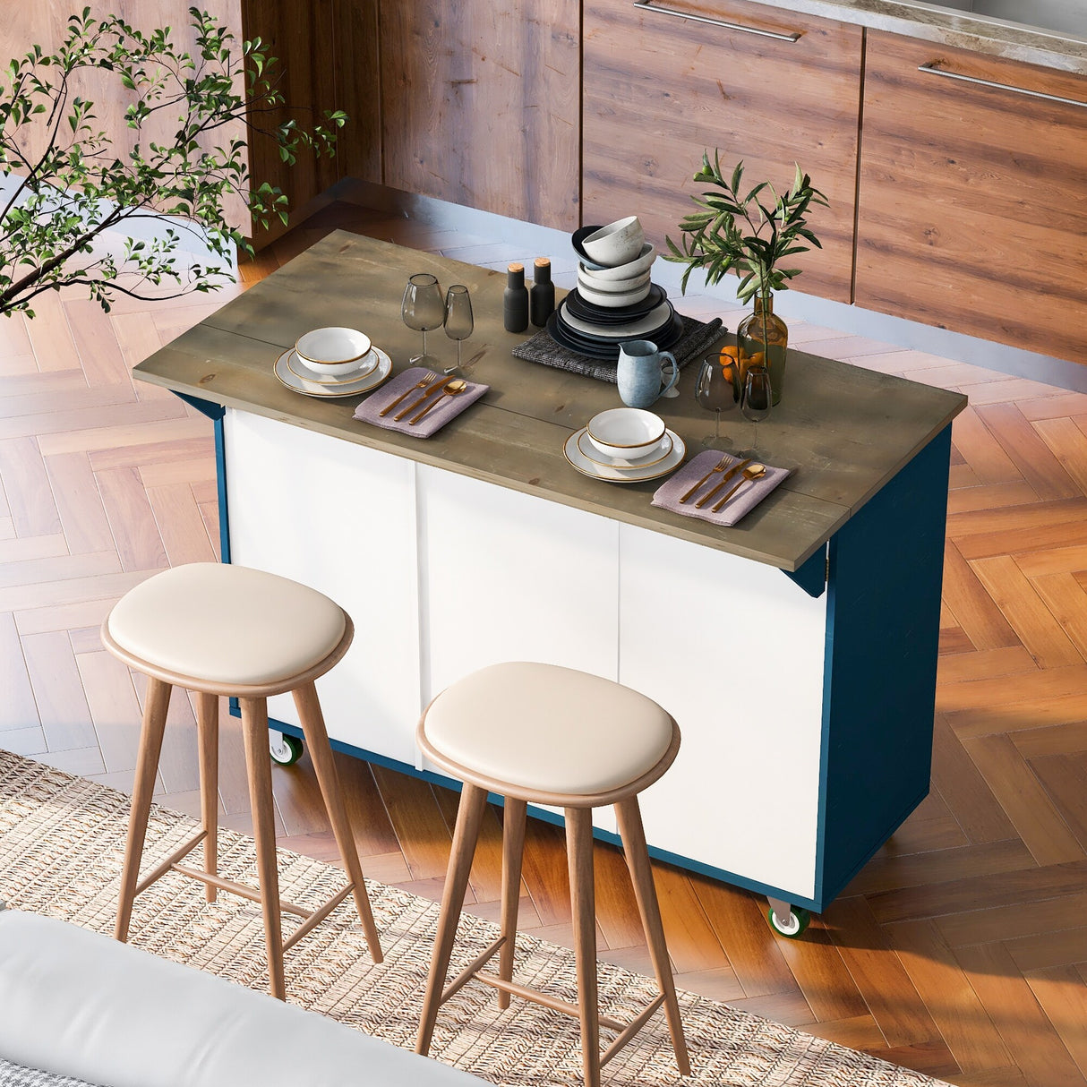 Retro Mountain Wood Kitchen Island with Drop Leaf