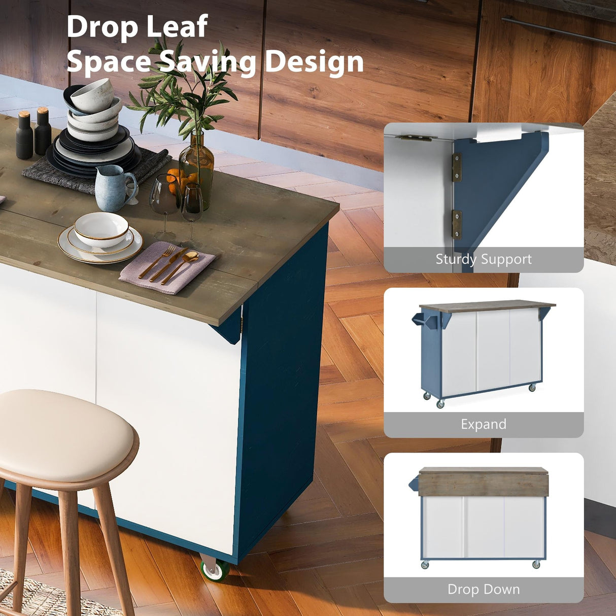 Retro Mountain Wood Kitchen Island with Drop Leaf