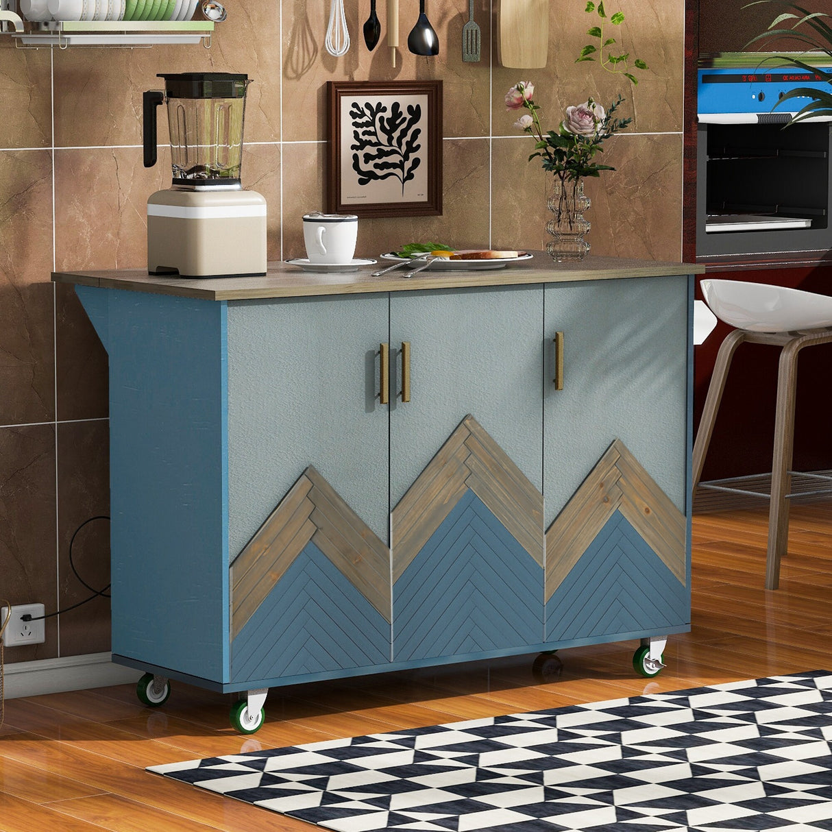 Retro Mountain Wood Kitchen Island with Drop Leaf