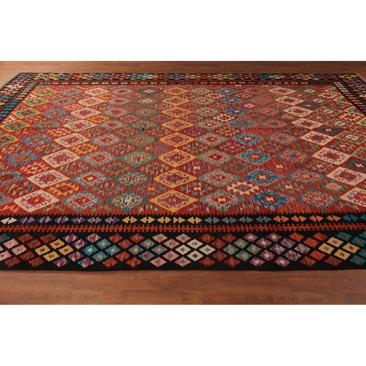 Reversable Kilim Oriental Area Rug Hand-Woven Orange Wool Carpet - 9'11"x 13'0"
