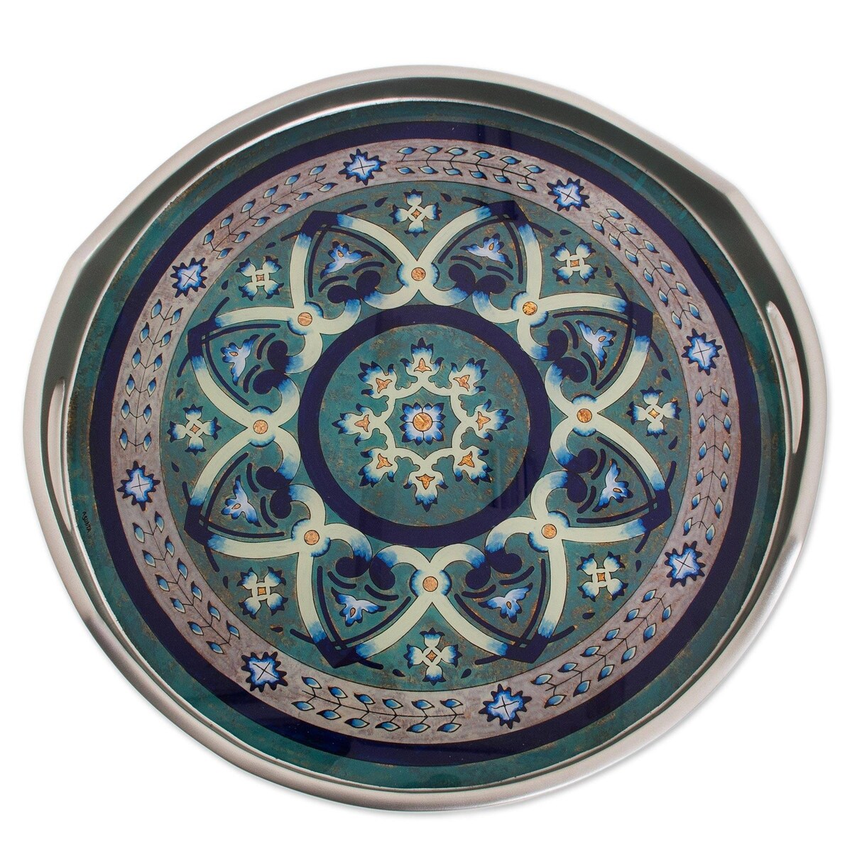 NOVICA Reverse-painted glass tray, 'Floral Intricacy in Silver'