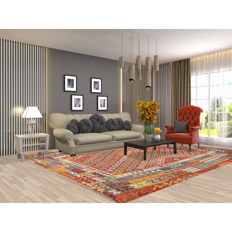Reversible Kilim Area Rug Flat-weave Wool Carpet - 8'7"x 11'6"