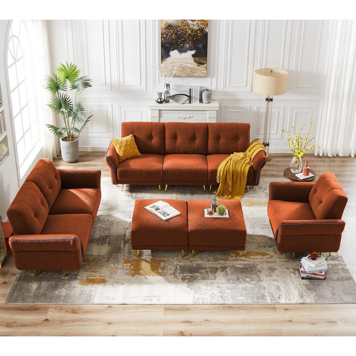 Sectional Sofa Sherpa Fabric Modular Sofa Couch 4 Seater with Ottoman