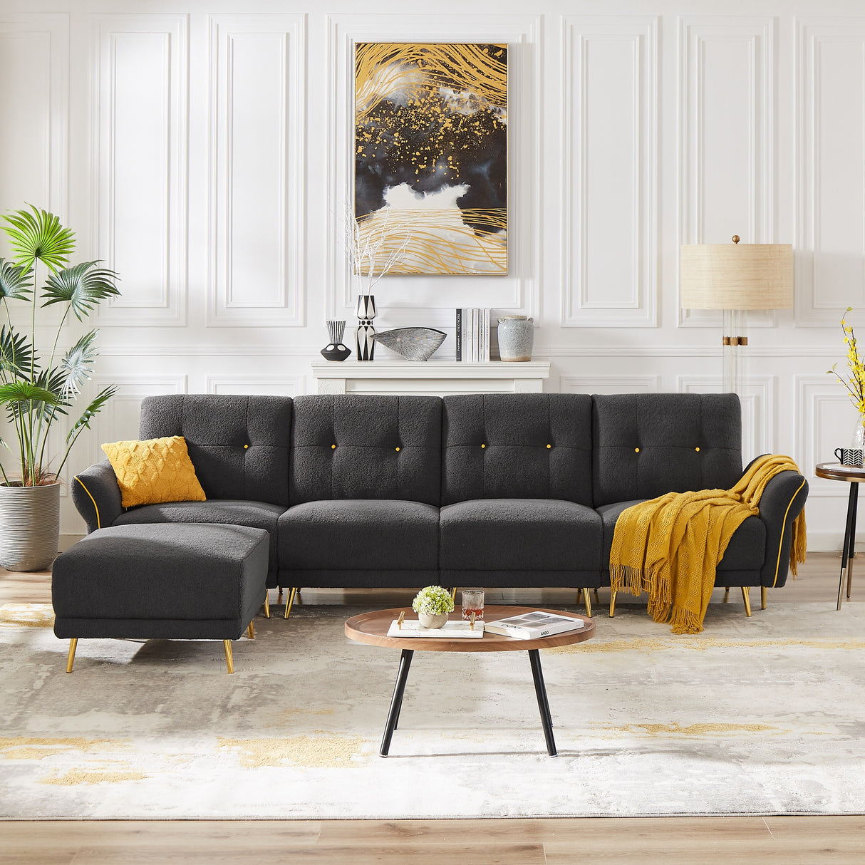 Sectional Sofa Sherpa Fabric Modular Sofa Couch 4 Seater with Ottoman
