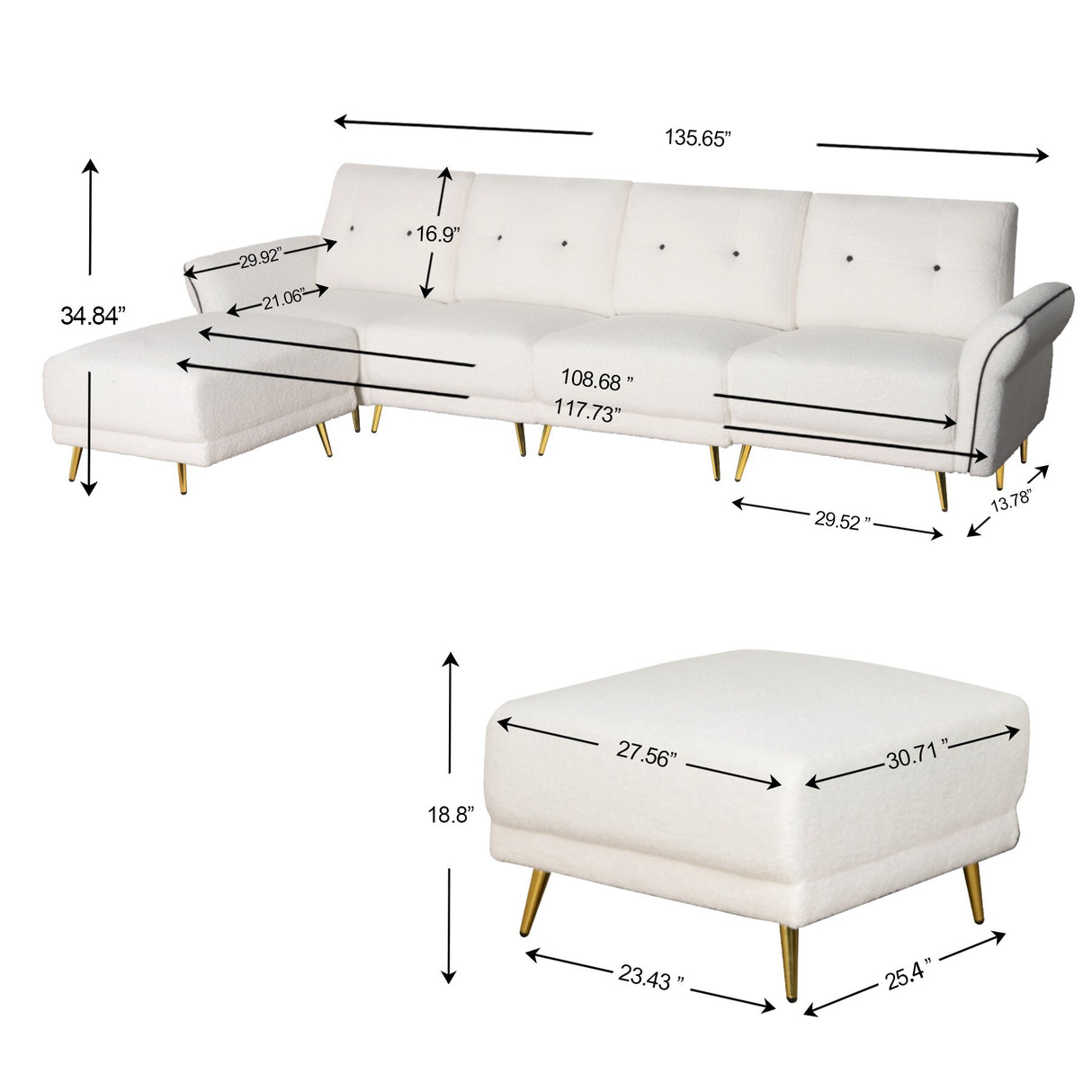 Sectional Sofa Sherpa Fabric Modular Sofa Couch 4 Seater with Ottoman