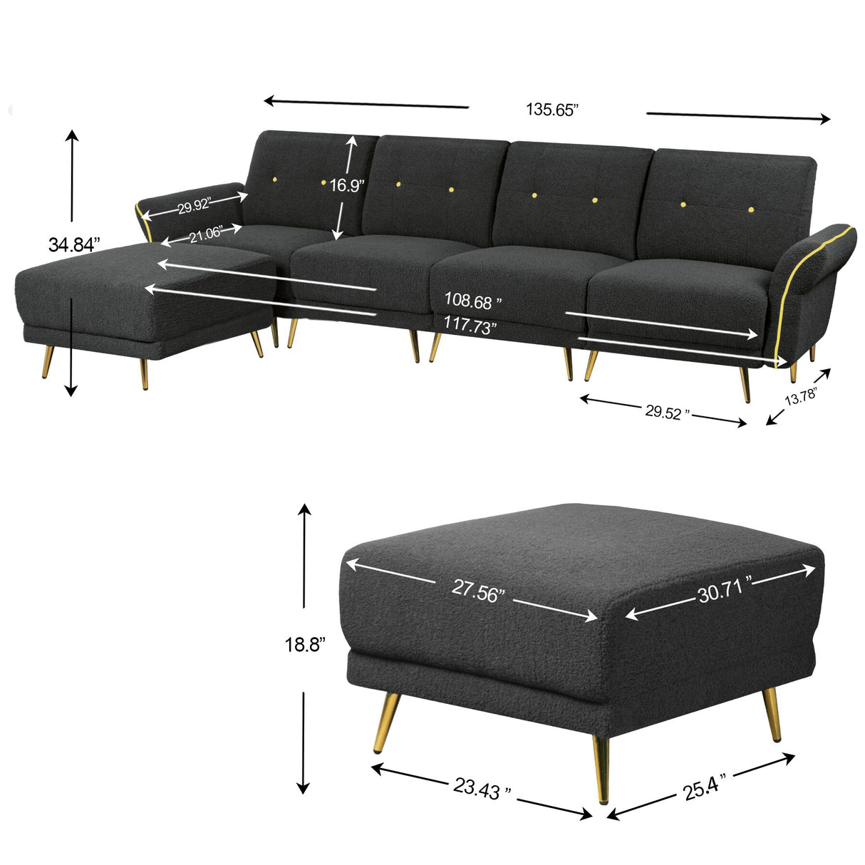 Sectional Sofa Sherpa Fabric Modular Sofa Couch 4 Seater with Ottoman