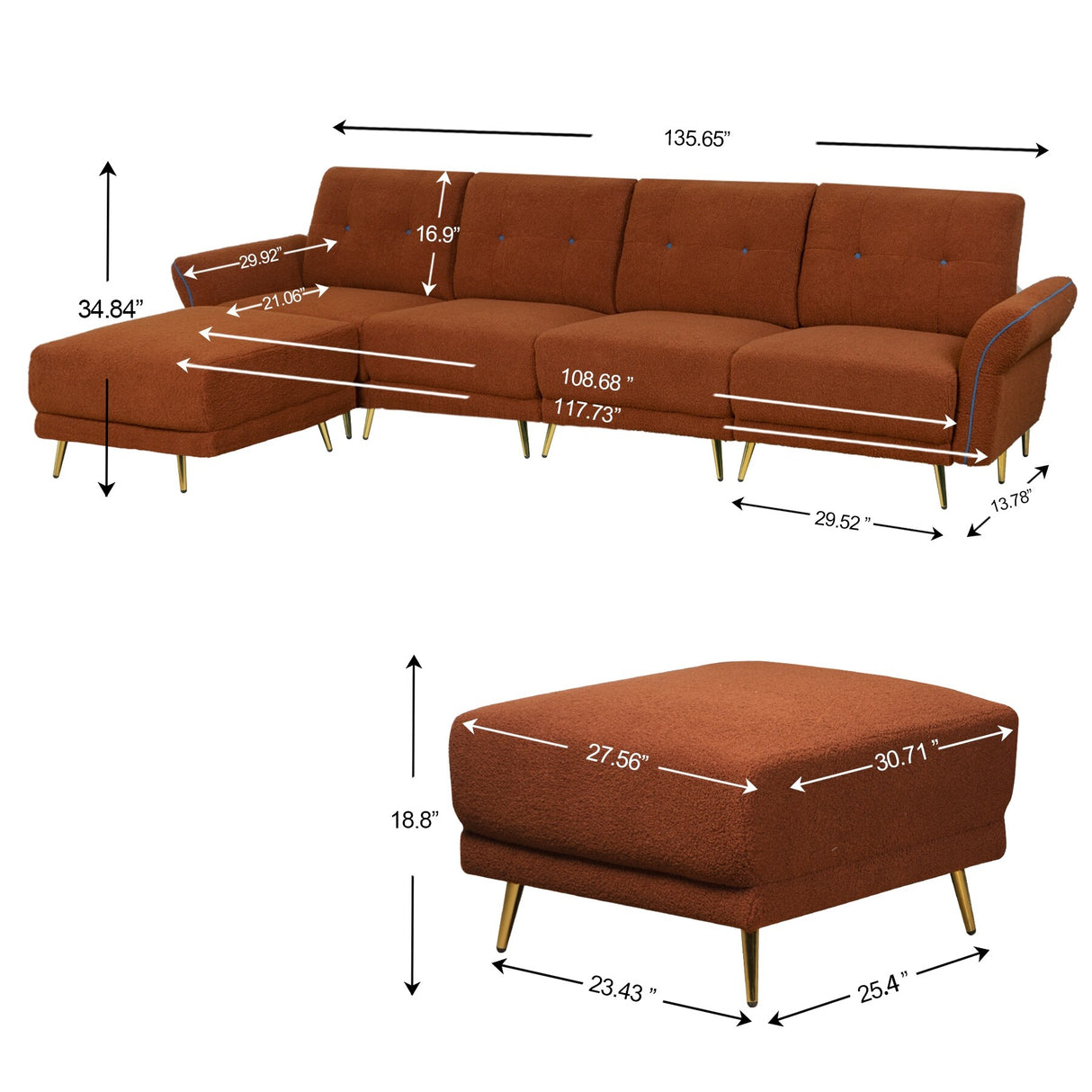 Sectional Sofa Sherpa Fabric Modular Sofa Couch 4 Seater with Ottoman