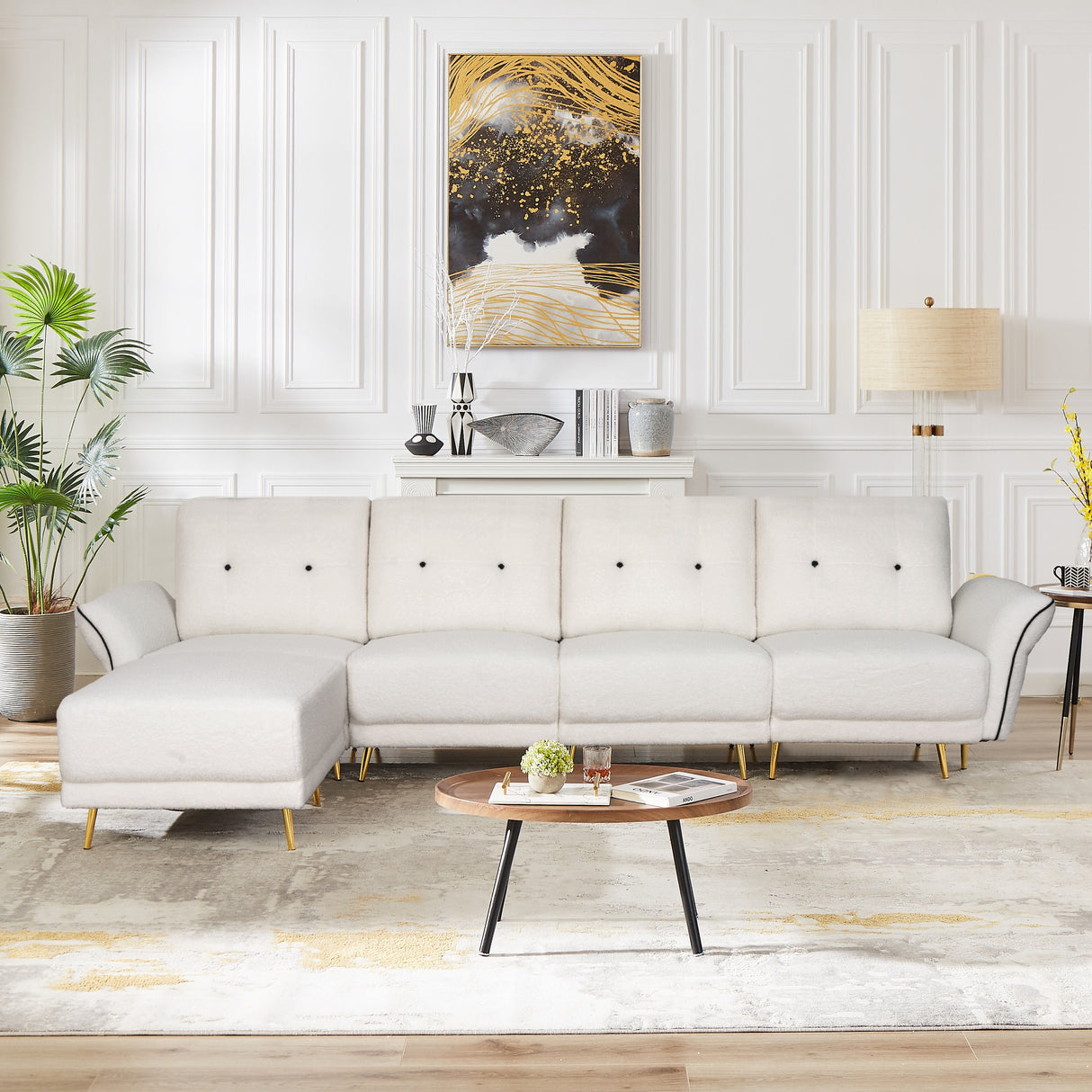 Sectional Sofa Sherpa Fabric Modular Sofa Couch 4 Seater with Ottoman