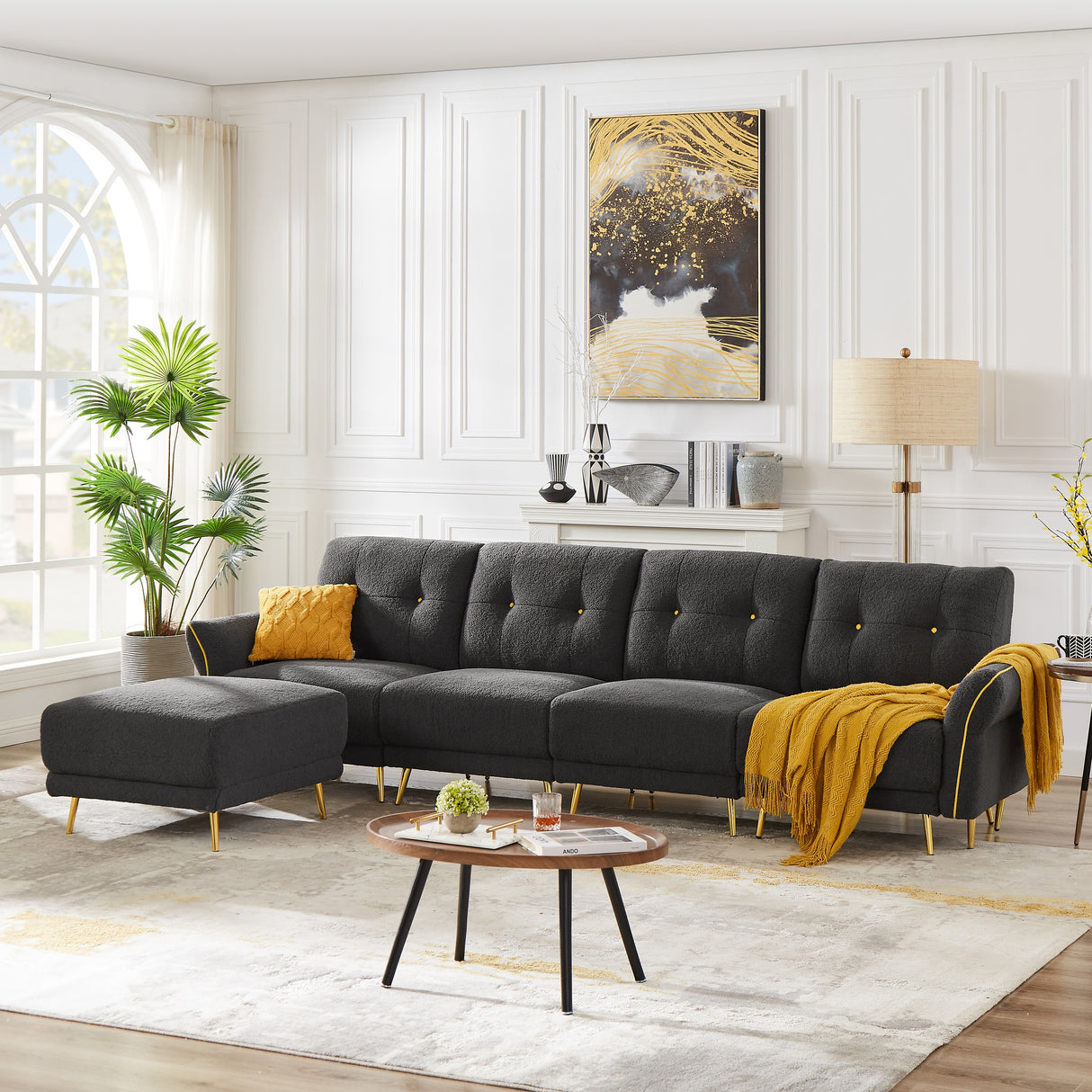Sectional Sofa Sherpa Fabric Modular Sofa Couch 4 Seater with Ottoman