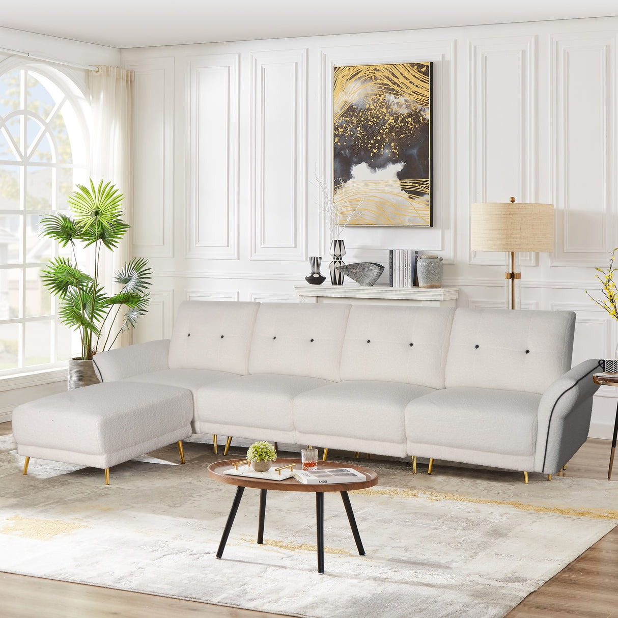 Sectional Sofa Sherpa Fabric Modular Sofa Couch 4 Seater with Ottoman