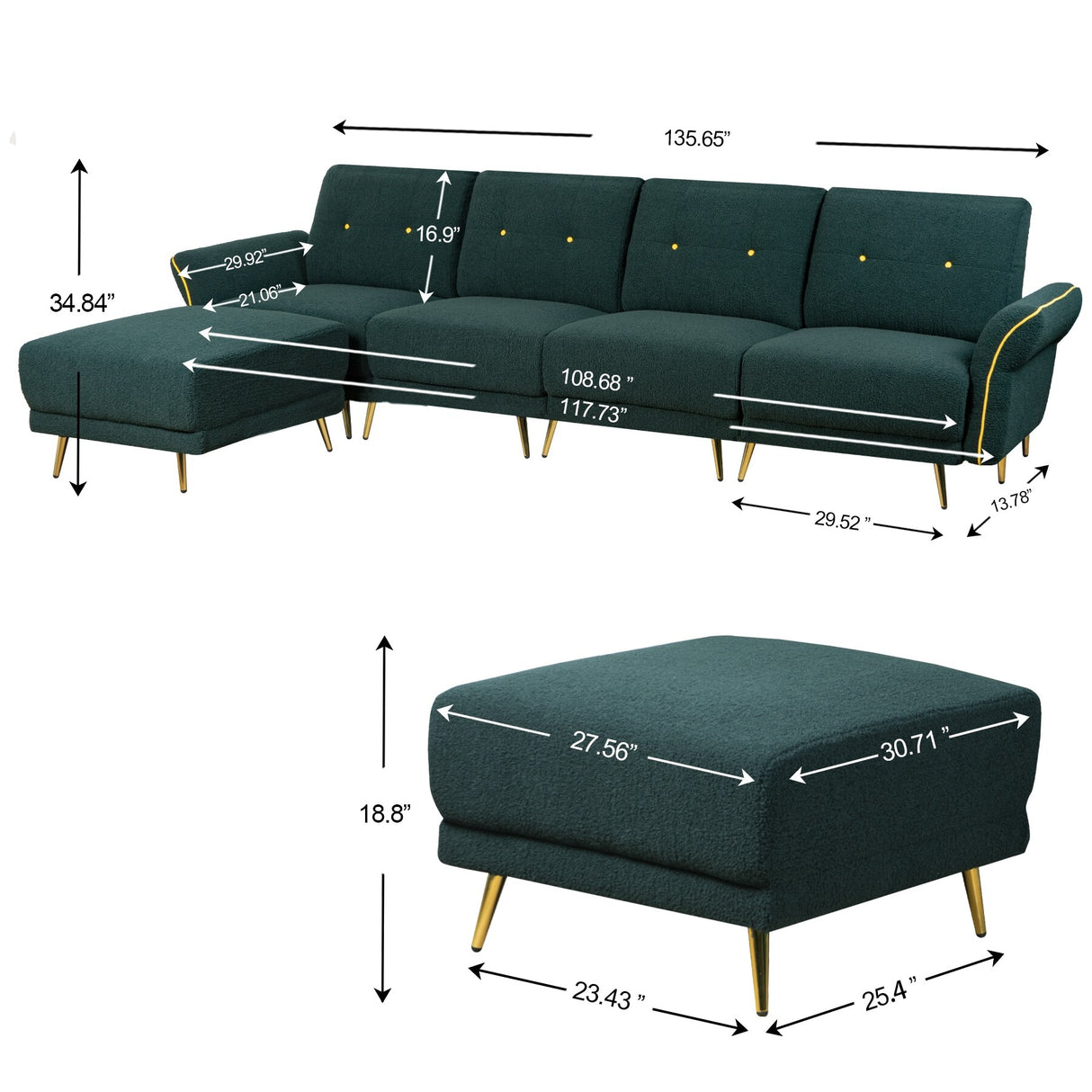 Sectional Sofa Sherpa Fabric Modular Sofa Couch 4 Seater with Ottoman