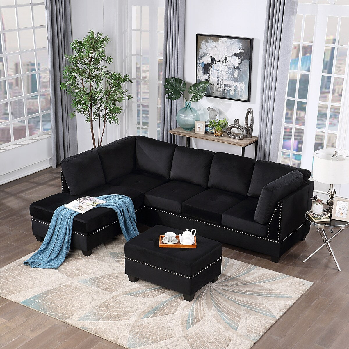 Reversible Sectional Sofa with Storage Ottoman