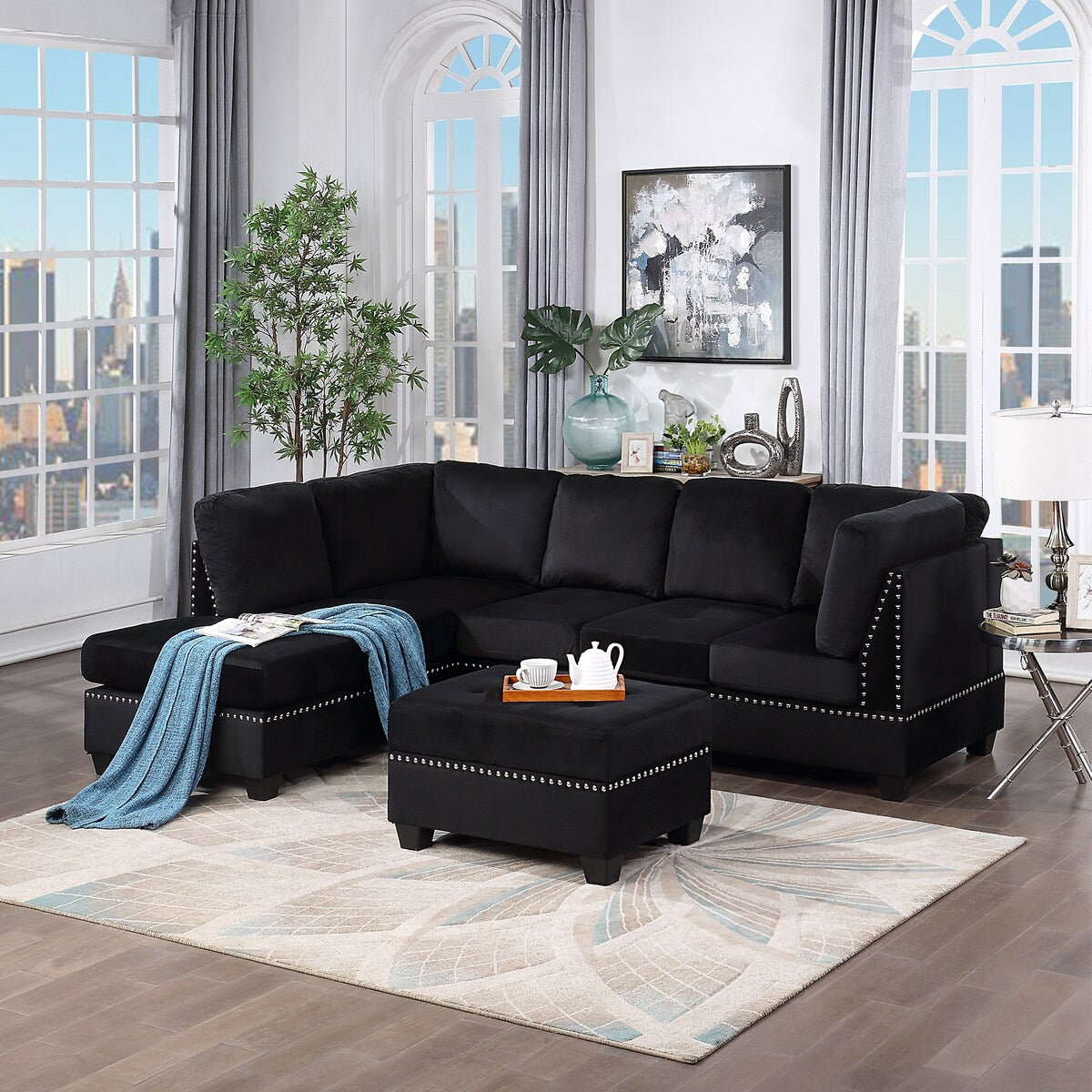 Reversible Sectional Sofa with Storage Ottoman