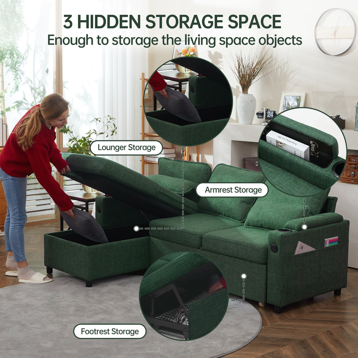 Convertible Sleeper Sofa 3-in-1 Pull Out Sectional Sofa Bed L/U-Shaped Couch with Storage Chaise