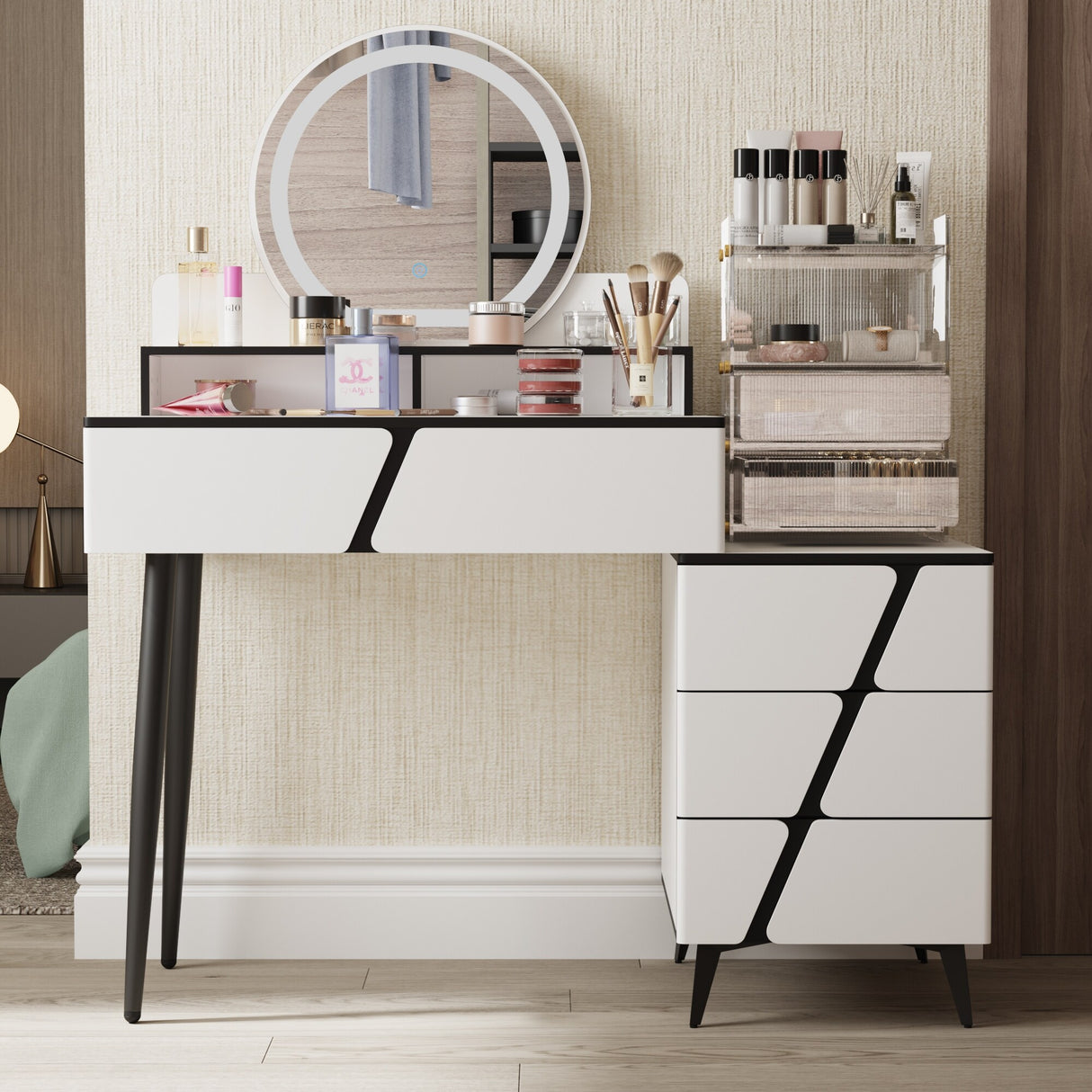 Reversible Vanity Desk w/Lighted Mirror Vanity Table Makeup Vanity