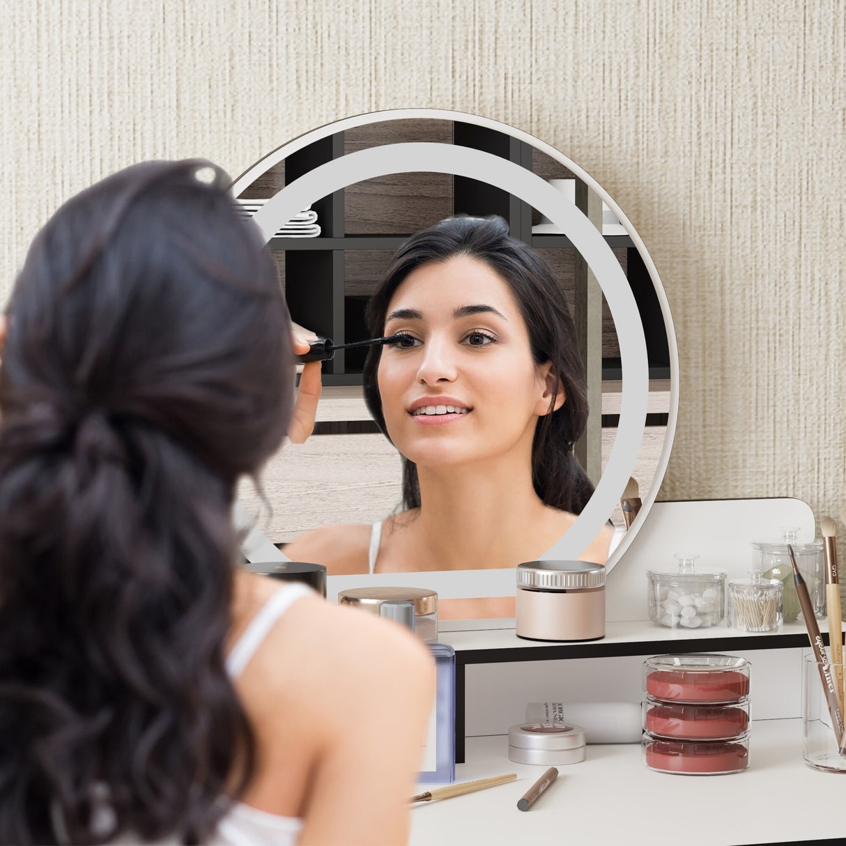 Reversible Vanity Desk w/Lighted Mirror Vanity Table Makeup Vanity