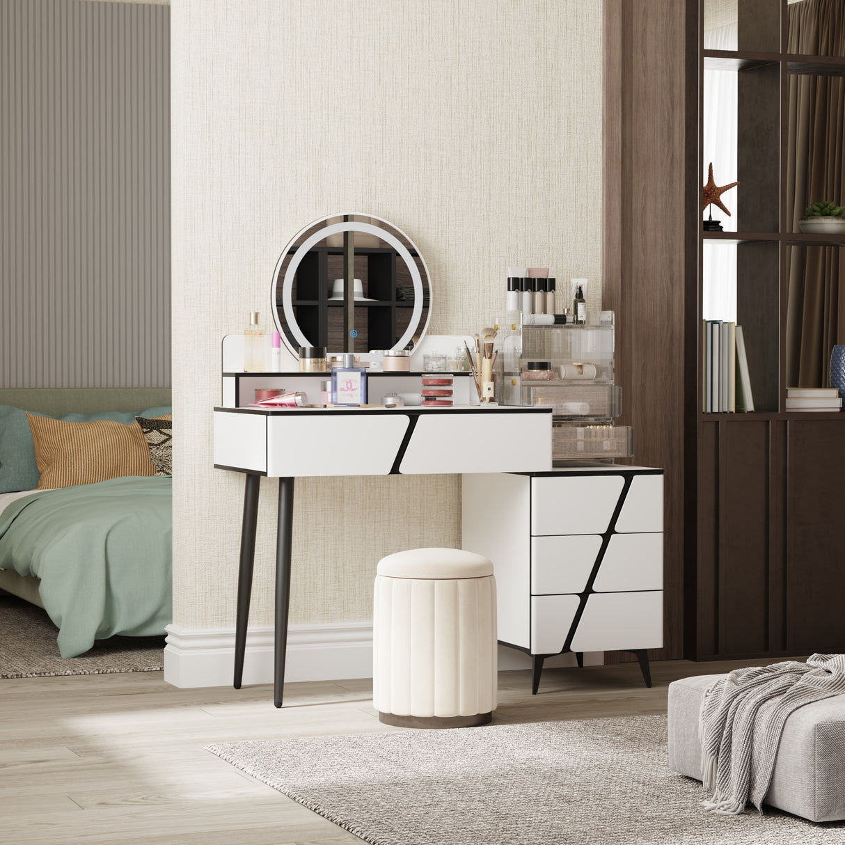 Reversible Vanity Desk w/Lighted Mirror Vanity Table Makeup Vanity