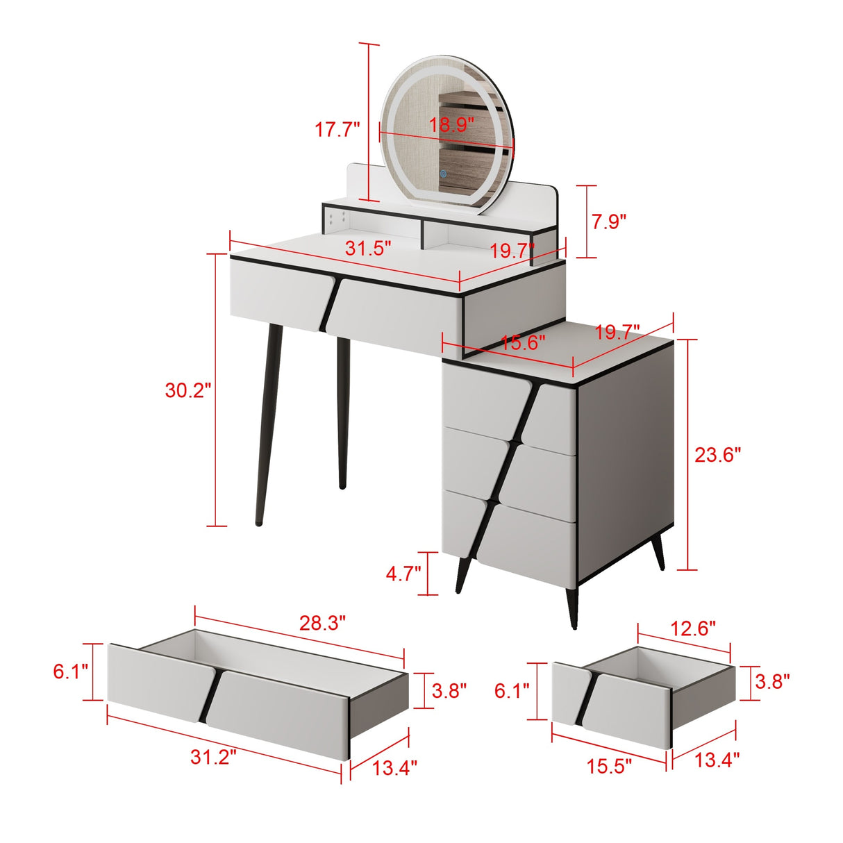 Reversible Vanity Desk w/Lighted Mirror Vanity Table Makeup Vanity
