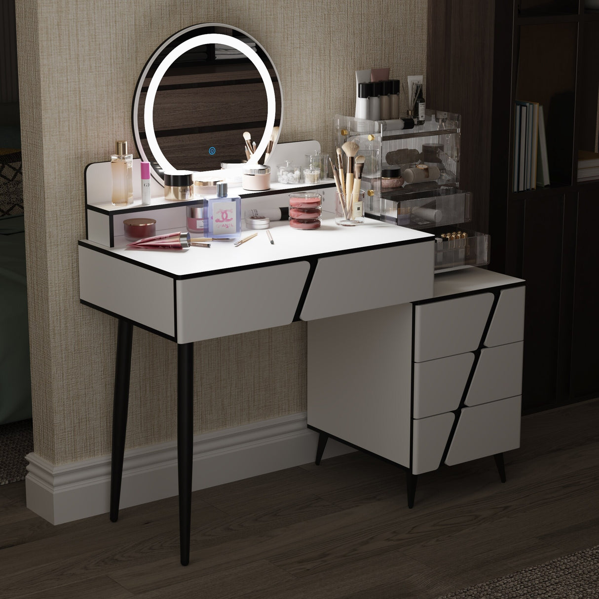 Reversible Vanity Desk w/Lighted Mirror Vanity Table Makeup Vanity