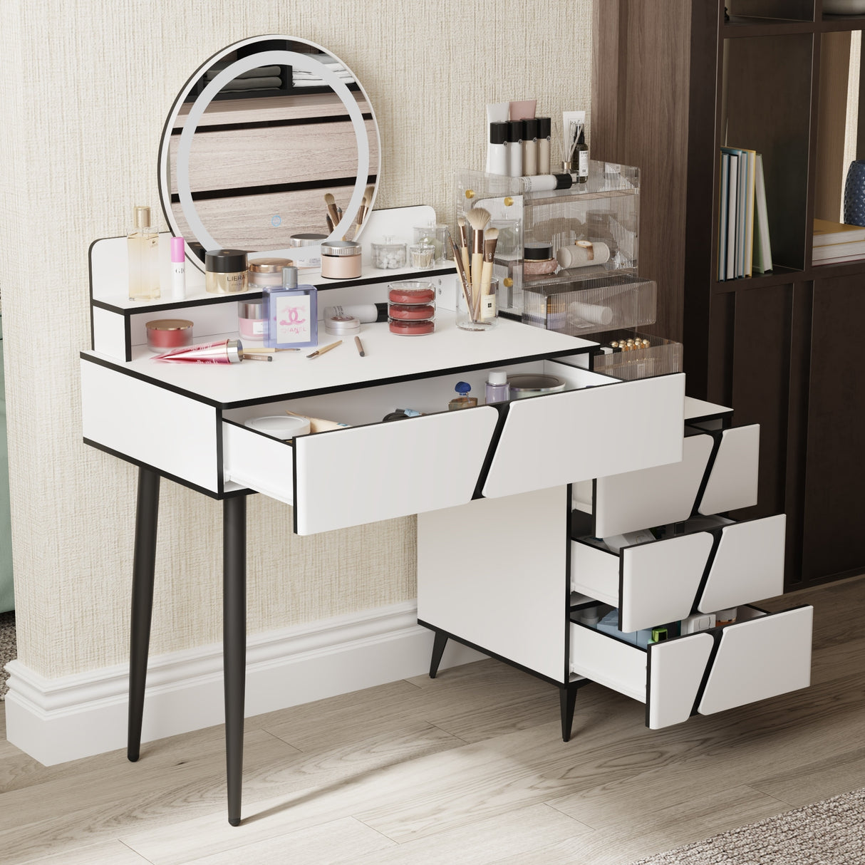 Reversible Vanity Desk w/Lighted Mirror Vanity Table Makeup Vanity