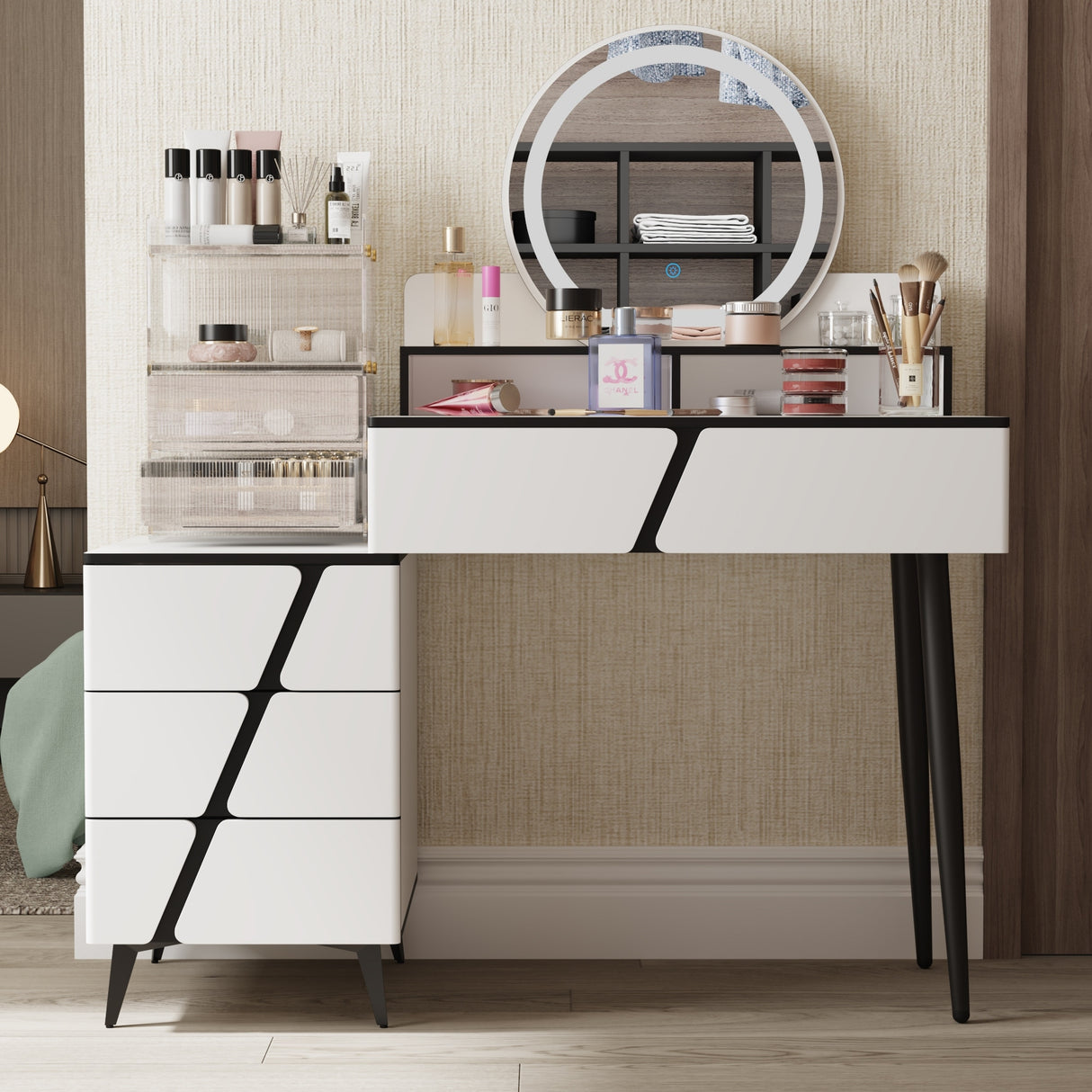 Reversible Vanity Desk w/Lighted Mirror Vanity Table Makeup Vanity