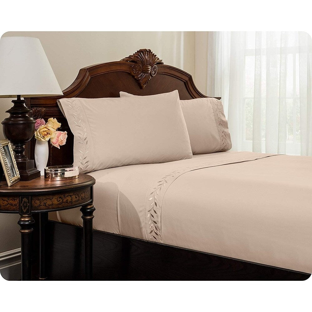 Reversifi Embroidered Bed Sheets Set Soft Brushed Microfiber Queen, Tapioca/Ivory