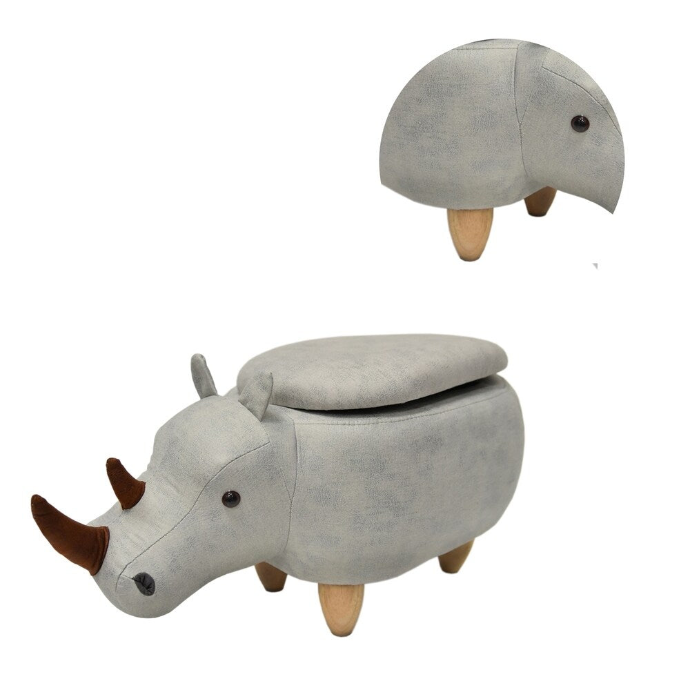 Rhinoceros Shape Wooden Storage Ottoman with Fabric Upholstery, Light Gray