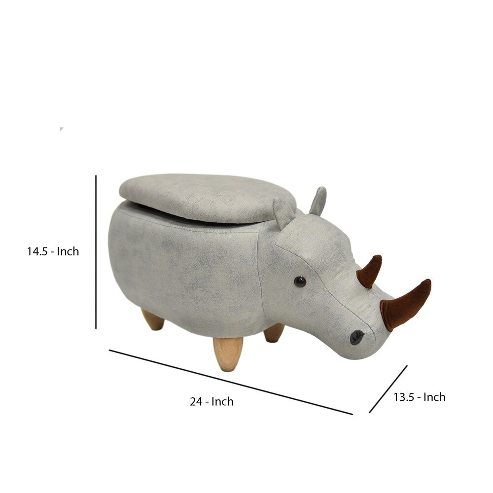 Rhinoceros Shape Wooden Storage Ottoman with Fabric Upholstery, Light Gray