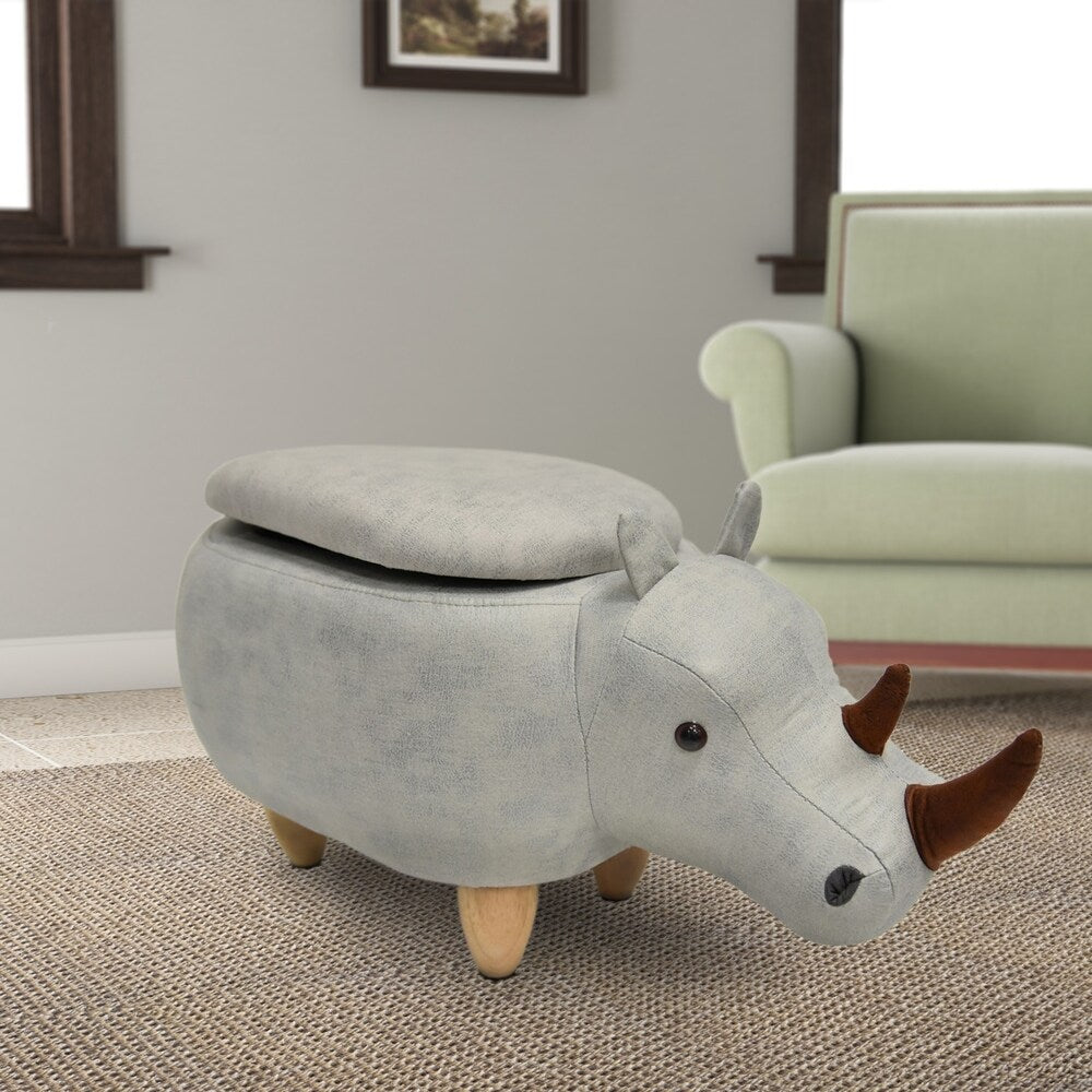 Rhinoceros Shape Wooden Storage Ottoman with Fabric Upholstery, Light Gray