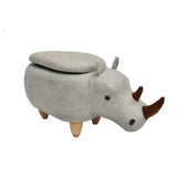 Rhinoceros Shape Wooden Storage Ottoman with Fabric Upholstery, Light Gray