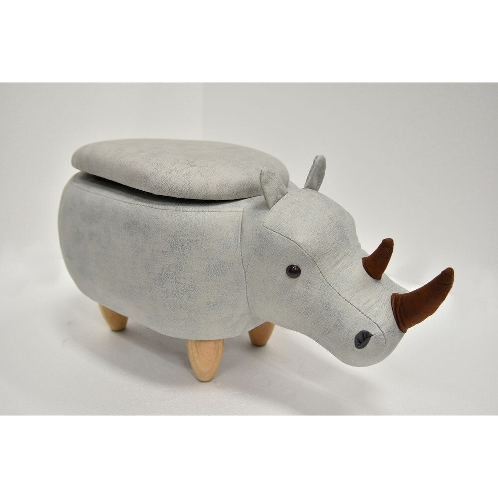 Rhinoceros Shape Wooden Storage Ottoman with Fabric Upholstery, Light Gray