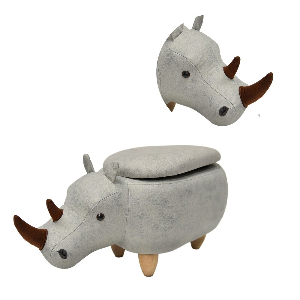 Rhinoceros Shape Wooden Storage Ottoman with Fabric Upholstery, Light Gray