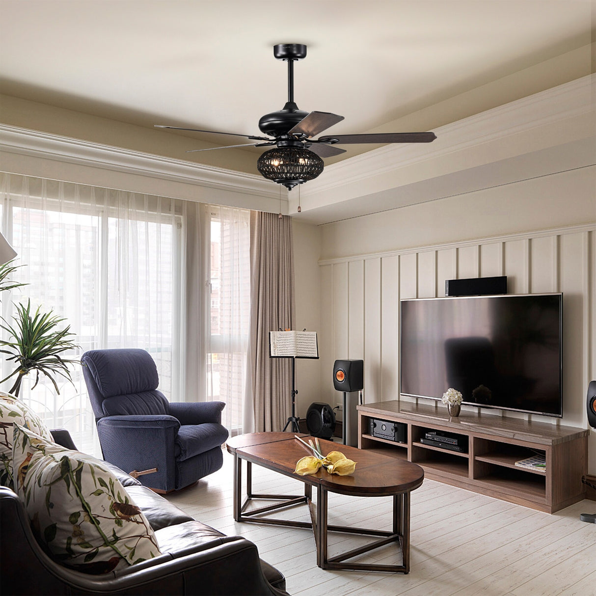 Riconic 52-Inch Matte Black Lighted Ceiling Fan with Weaved Rope Shade