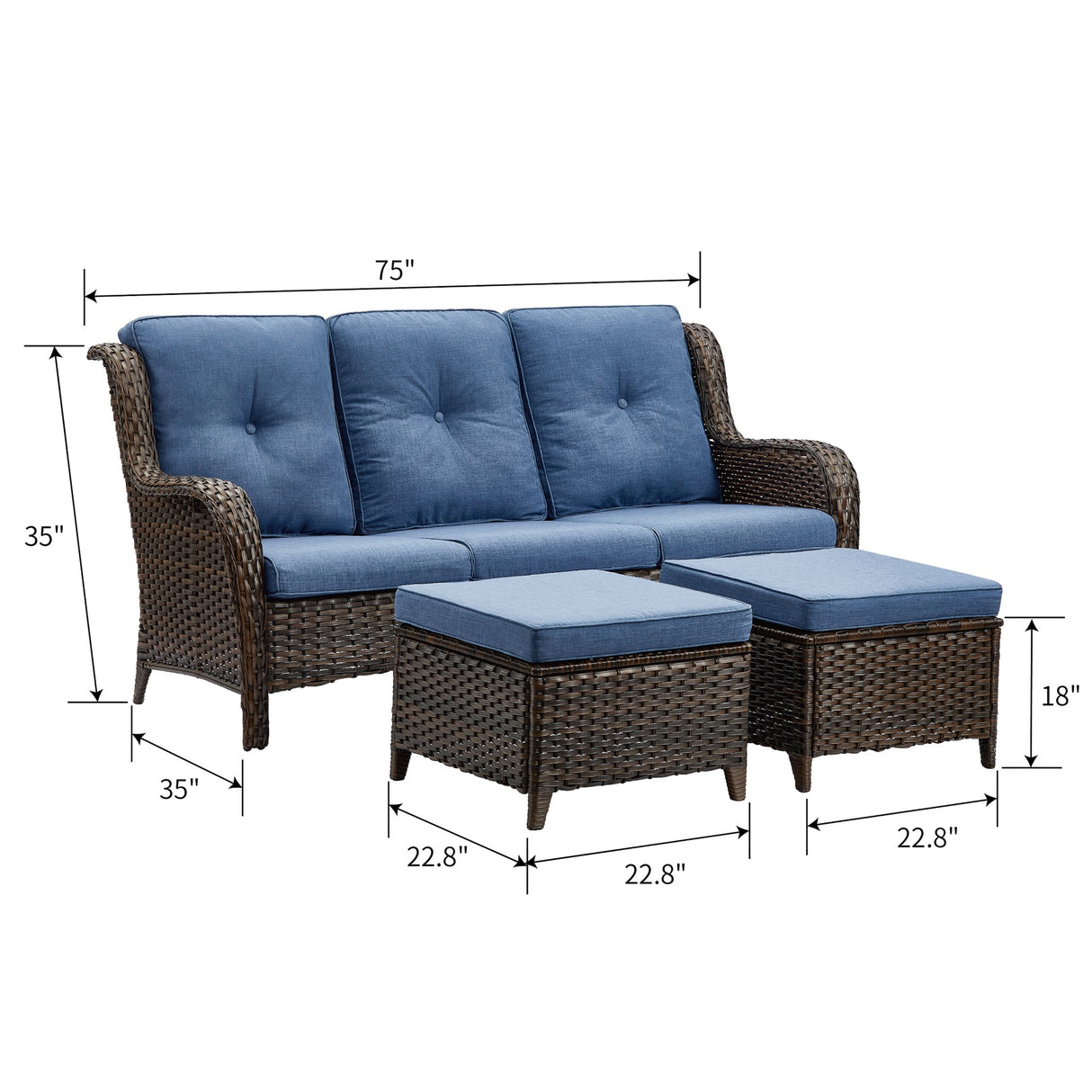 Pocassy 3-Piece Outdoor Wicker Sofa Set with Ottoman