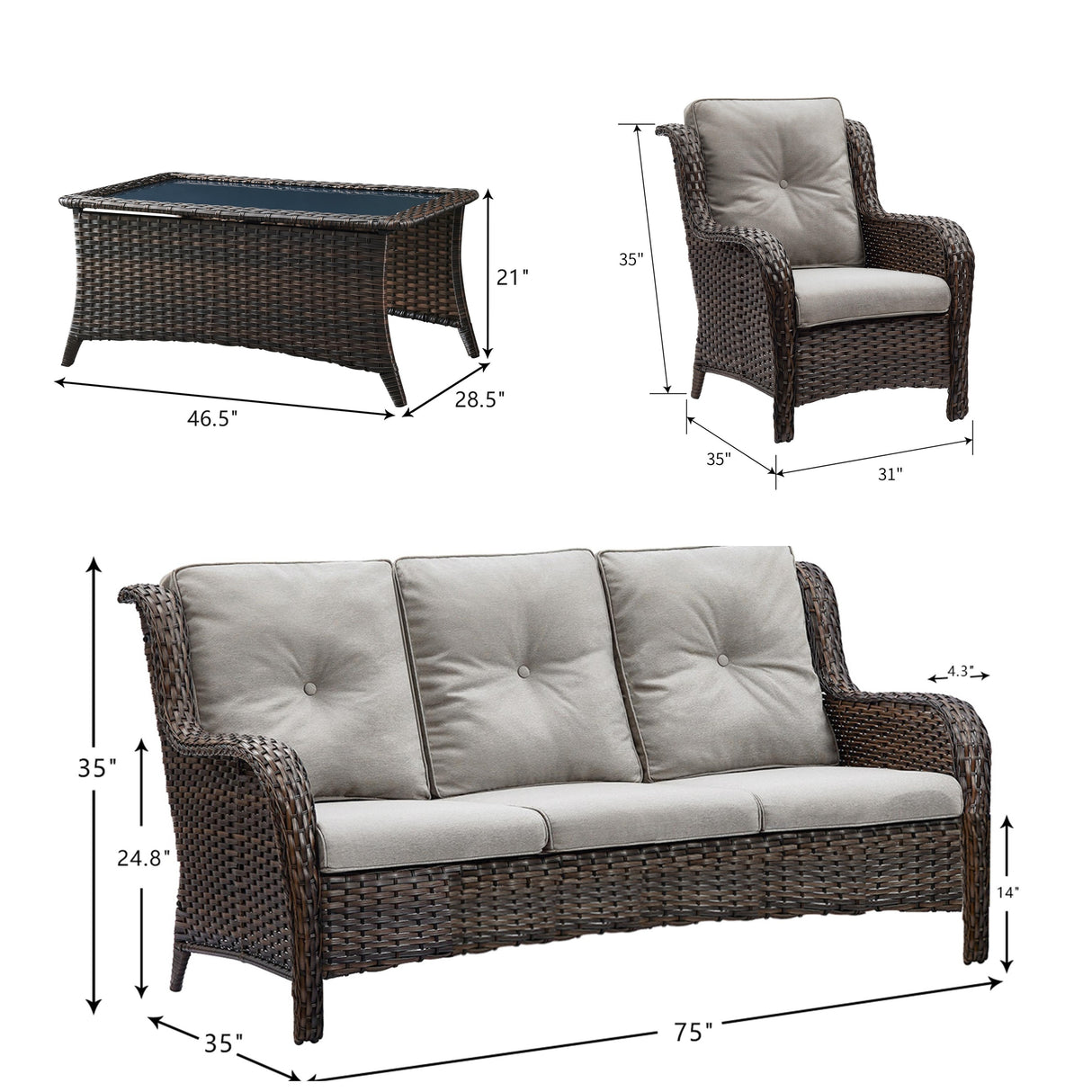 Pocassy 4-Piece Outdoor Sofa Patio Chair with Coffee Table